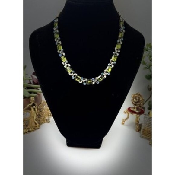 Lisner Green Rhinestone AB And Emerald Gold Tone Vtg Signed Necklace 16”